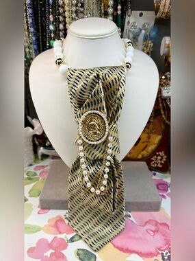 Vintage Gold & Black Statement Brooch Tie Necklace with Pearl Accents